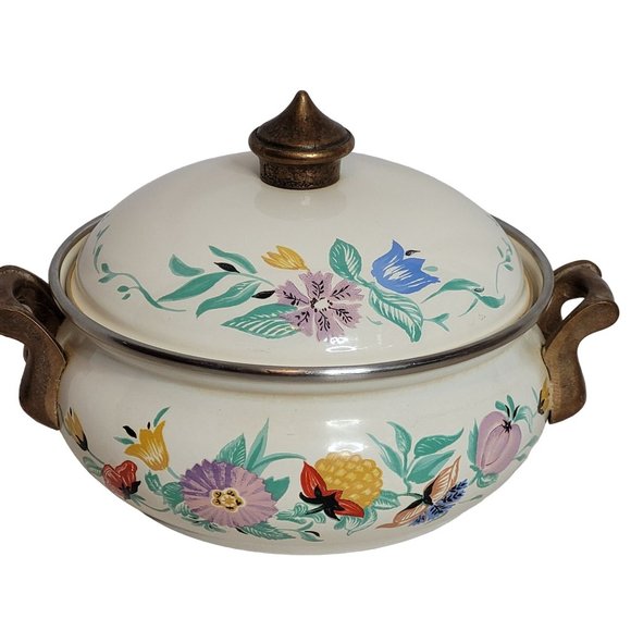Asta 2 Qt Dutch Oven German Enamelware Floral Brass Handles With Lid Scratches - Picture 1 of 16